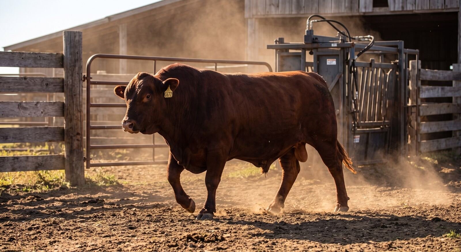 Semental Beefmaster rojo saliendo de la prensa hidráulica