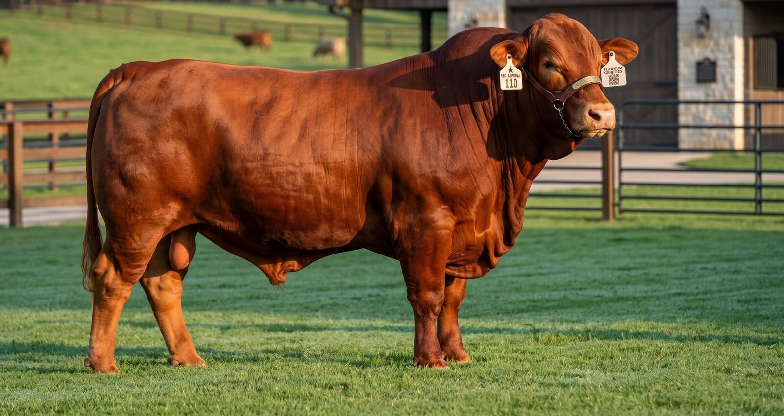 LR Titán 214, semental Beefmaster rojo en la pradera
